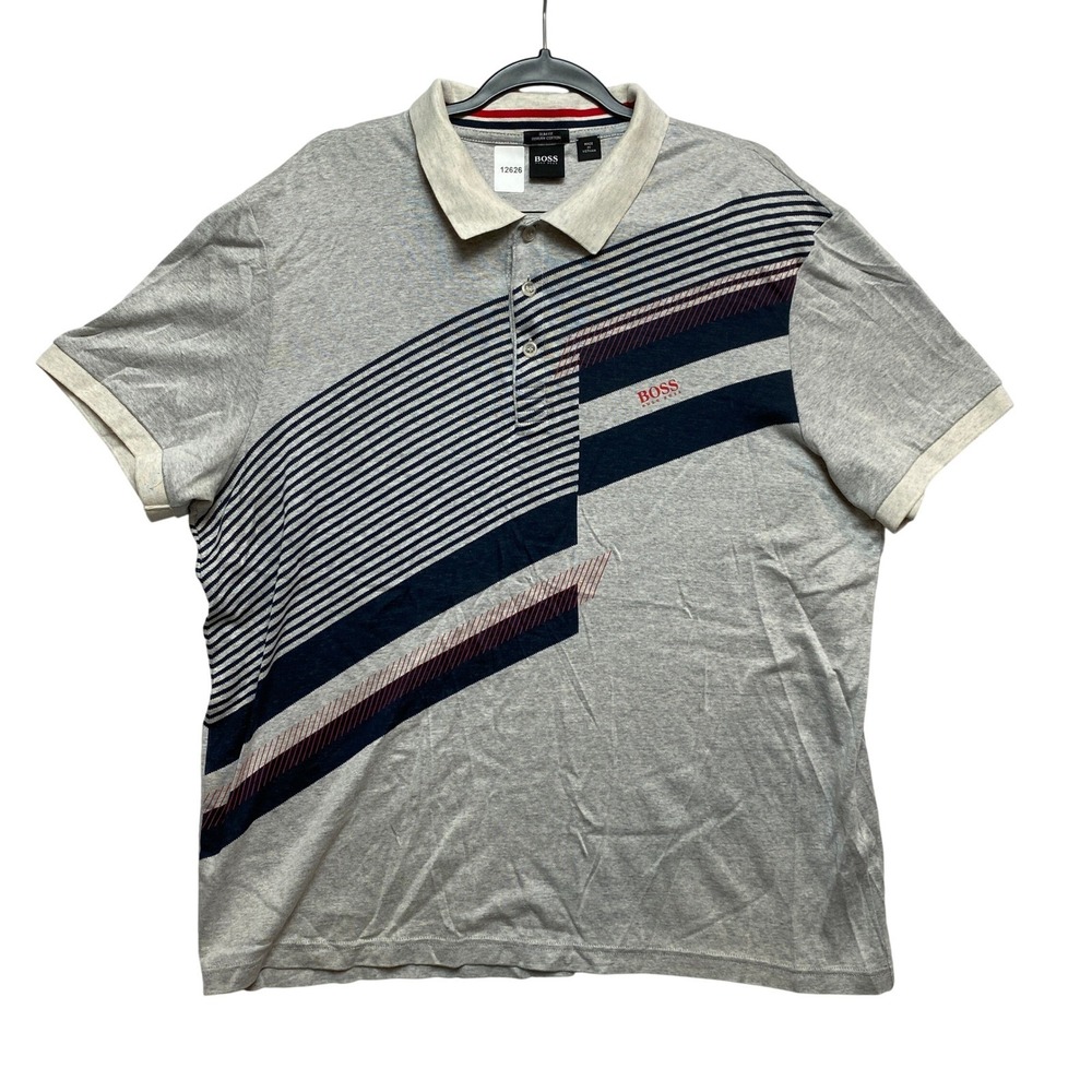 Hugo Boss Polo Shirt Mens XXXL Gray Slim Fit Luxury Cotton Asymmetric Stripe